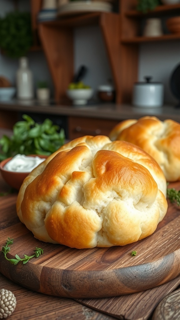 Fluffy cloud bread on a wooden table with cream cheese spread and herbs.